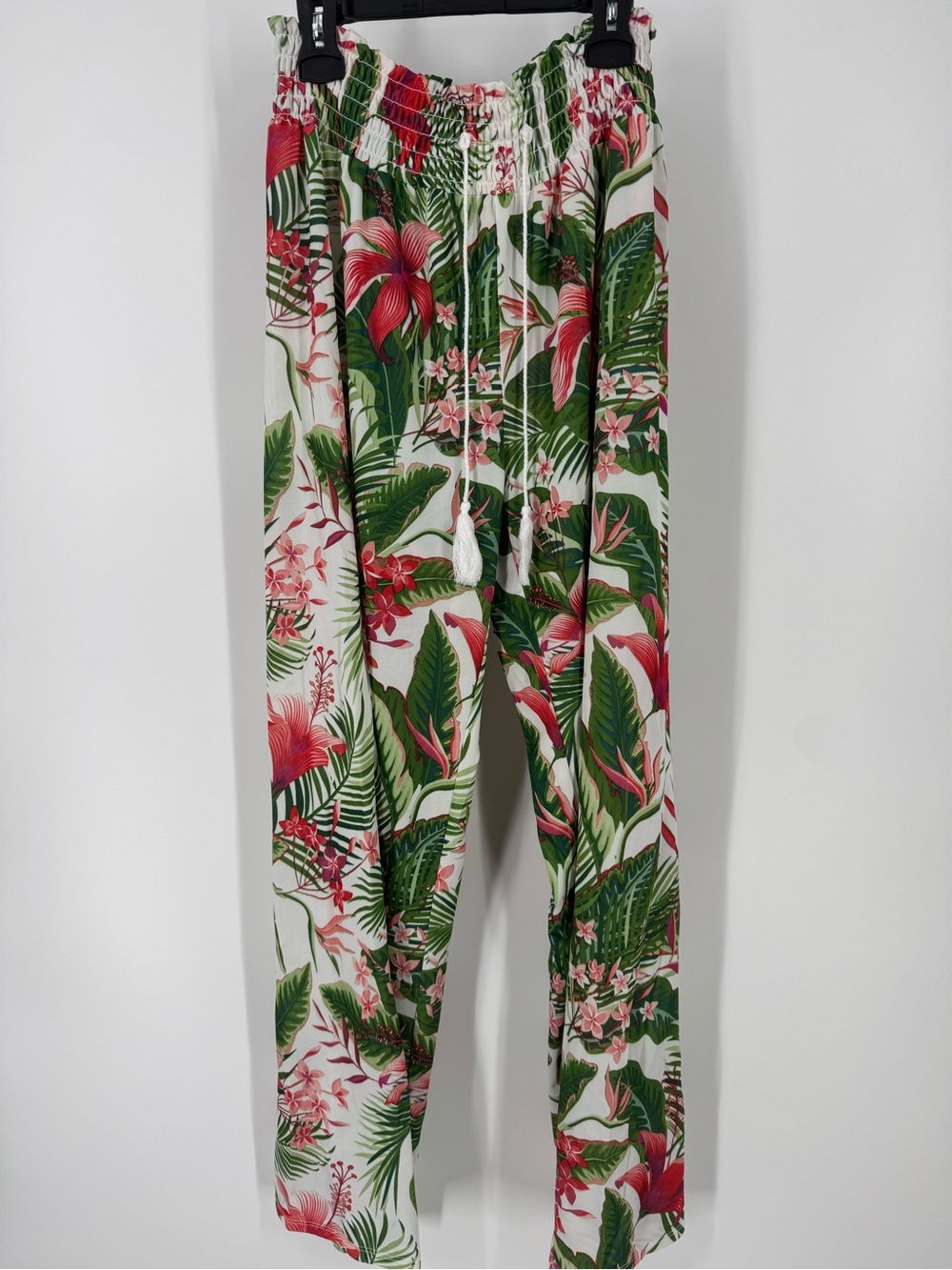 west loop Tropical Print Drawstring Wide-Leg Pants - White/Green/Red